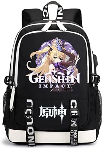 Vinca Талисман Аниме Genshin Impact Cosplay с USB порт за зареждане, училищна чанта с принтом, студентски чанта, раница за лаптоп, унисекс (black1)