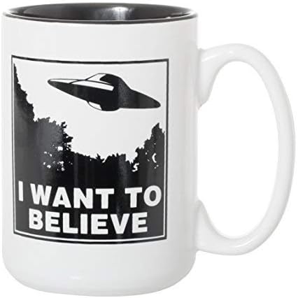 Чаша I Want To Believe НЛО - Космически чаша НЛО, Извънземни, Извънземни - 15 грама, Луксозна Двустранен Кофейно-чаена чаша (бяла / черна инкрустация)