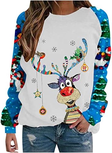 Дамски грозна коледна hoody, празничен пуловер с кръгло деколте и елени, блузи, реколта тениска с графичен дизайн, блуза