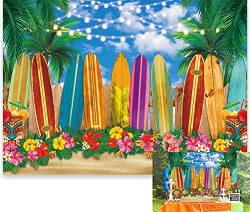BINQOO 7x5ft Лятна Дъска За Сърф на Плажа Хавайски на Фона на Тропически Палми и Морски Сърф Декор За Морско Парти Сърф В Хавай Снимка Фон за Празник, Рожден Ден, Душа