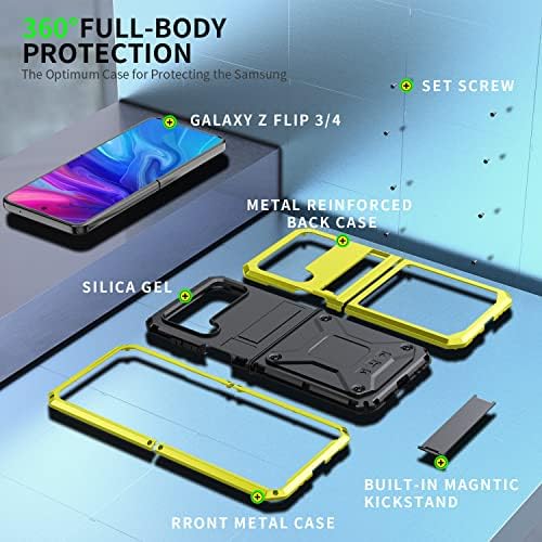 Съвместимост с Samsung Galaxy Z Flip 4 Метален Корпус Алуминиев Военен Клас Пълна Защита на тялото Сверхпрочный устойчив на удари калъф за Galaxy Z Flip 4 (жълт)