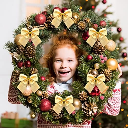 SEWACC 12шт Коледни Панделки за Декорация Мини Златен Лък Коледна Елха, Висящи Декор Коледно Дърво Украса на Подарък за направи си САМ Украса (Златен)