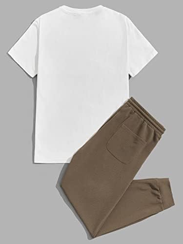 Мъжко облекло от две части NIBHZ, Тениска с графичен слоган и спортни панталони с завязками на талията (Цвят: многоцветен, Размер: X-Large)