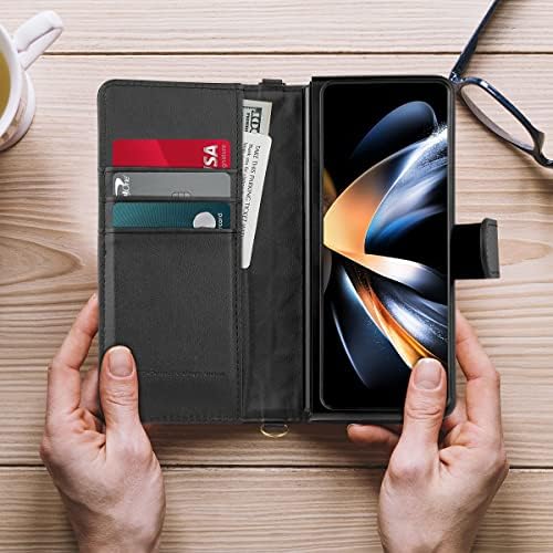 Qoosan От естествена кожа, предназначени за Samsung Galaxy Z Fold 4, калъф-портфейл (2022), Защита на панти 360, Панти Калъф за мобилен телефон с лента-държач за карти, черен