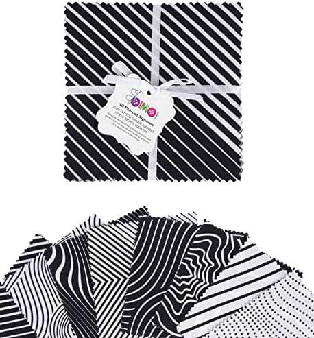 Soimoi Предварително изсечен 10-инчов комплект от памучен плат с геометрични щампи, квадрати за капитониране, очарователна опаковка, мозайка шиене, занаяти собствените си ръце - бели и черни