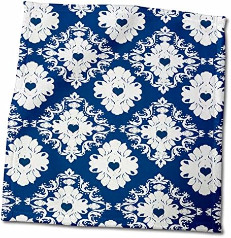 3D Rose Navy Hearts Синьо-Бяло Дамасское Кърпа За ръце /Спорт, 15 x 22, Многоцветное