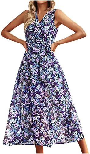 Пролетно-лятна рокля за жените 2023 с Принтом, Модерно Ежедневното Женствена Рокля Без Ръкави с V-образно деколте, Дебнещ обличам 1